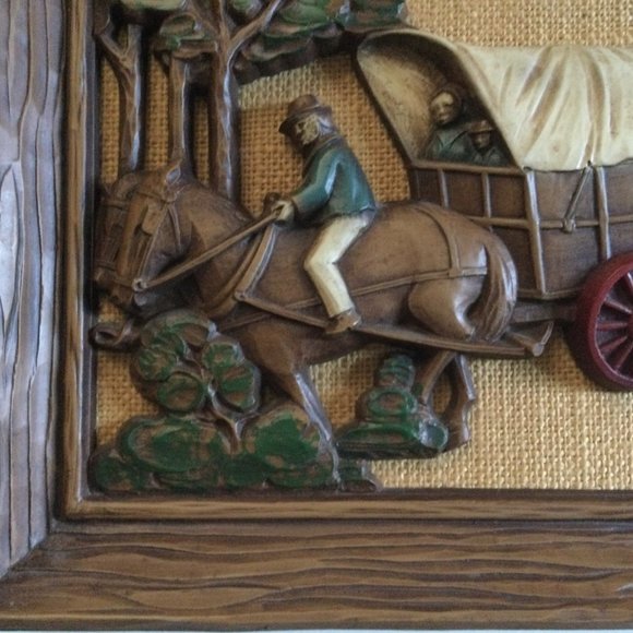 Vintage 3D Faux Wood Carved Horse Buggy Wall Hanging Retro Décor - Picture 5 of 7